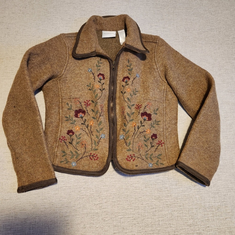 Liz Claiborne Wool Blend Jacket Women Medium Brown Floral Embroidered Full Zip